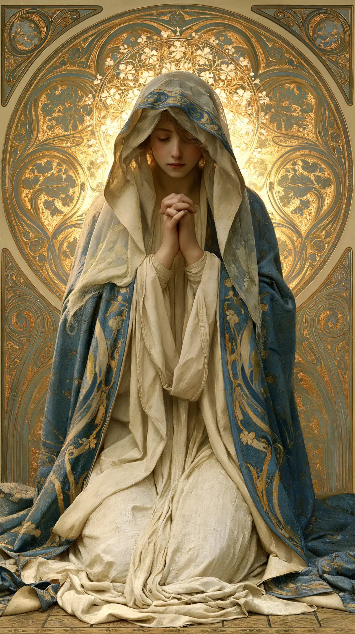 the Virgin Mary in prayer in Sacred Art Nouveau style, portrait Christian artwork no. 12