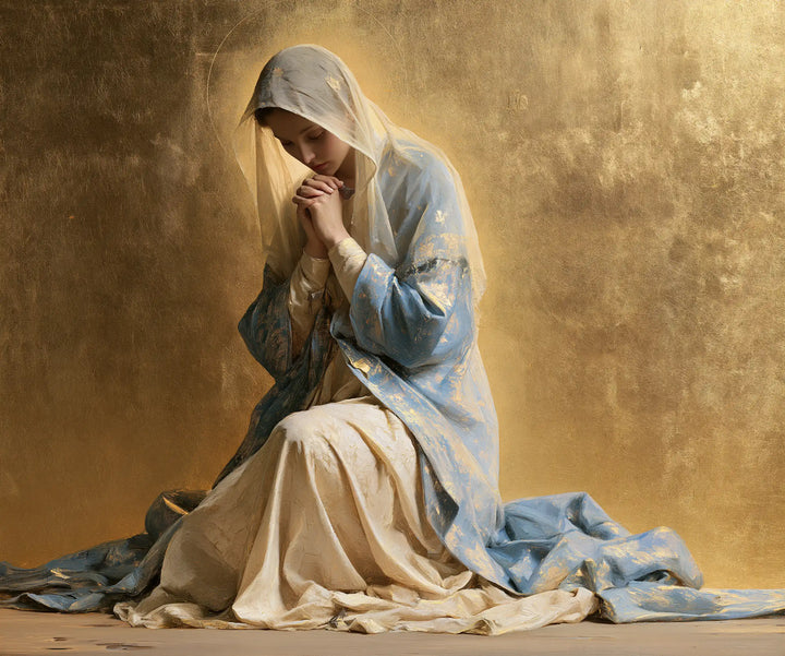 La Vierge en prière — Le Voile gris dans la douceur dorée