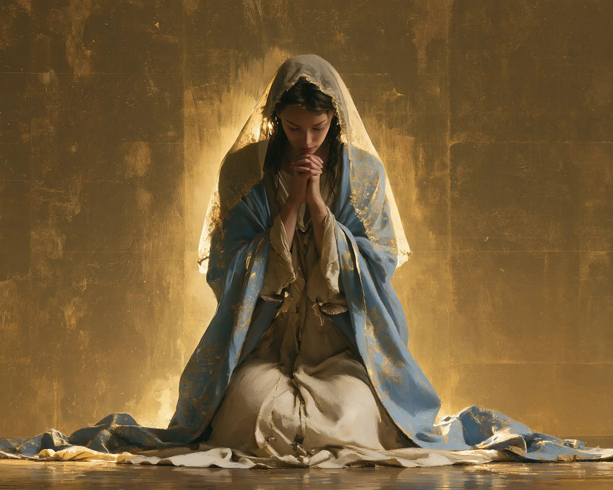 La Vierge en prière — Le Recueillement au cœur du halo d’or