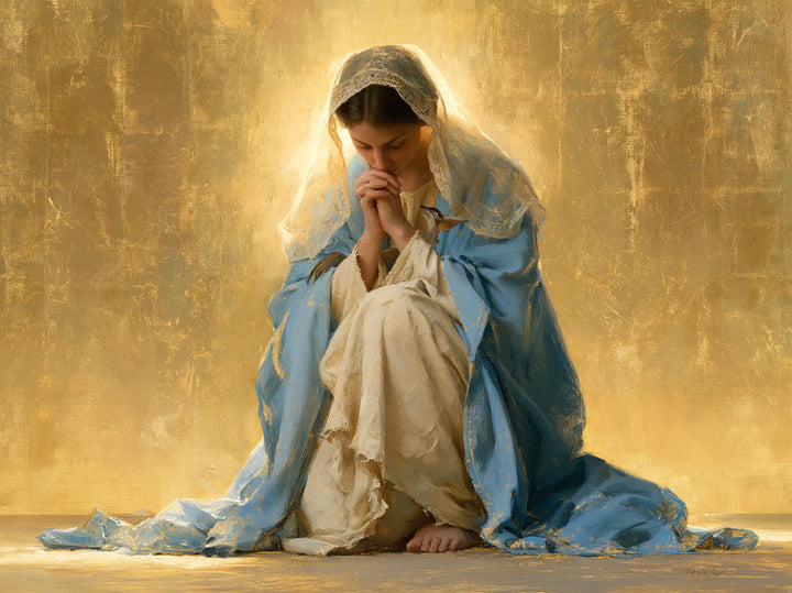 La Vierge en prière — La Prière pieds nus dans l’or