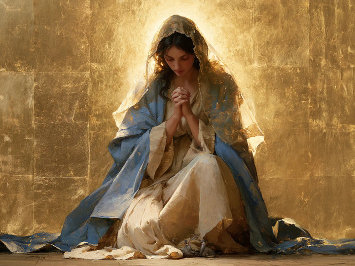 La Vierge en prière — Les Boucles sombres sous le voile d’or