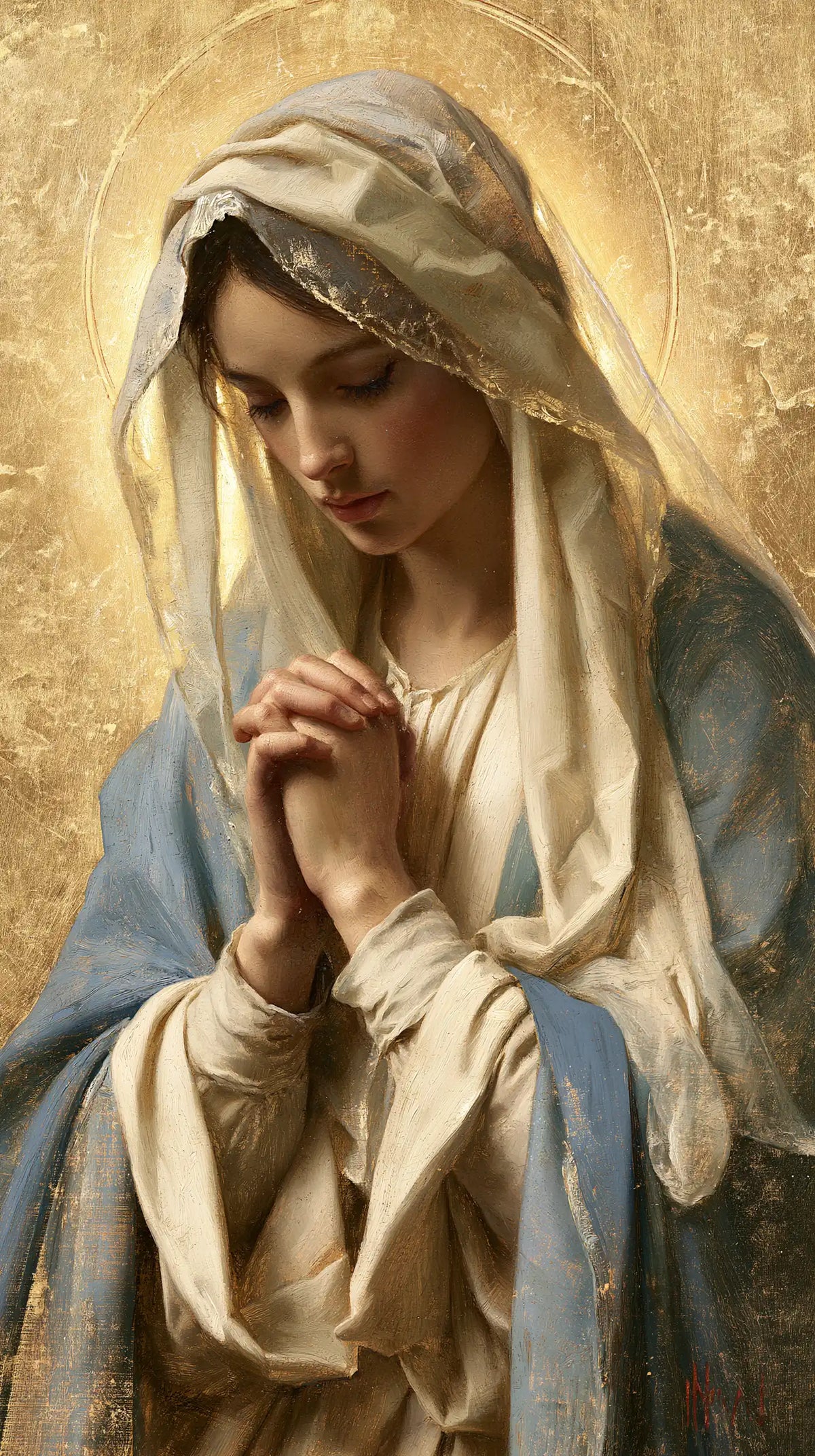 La Vierge en prière — Le Visage paisible dans l’or ciselé