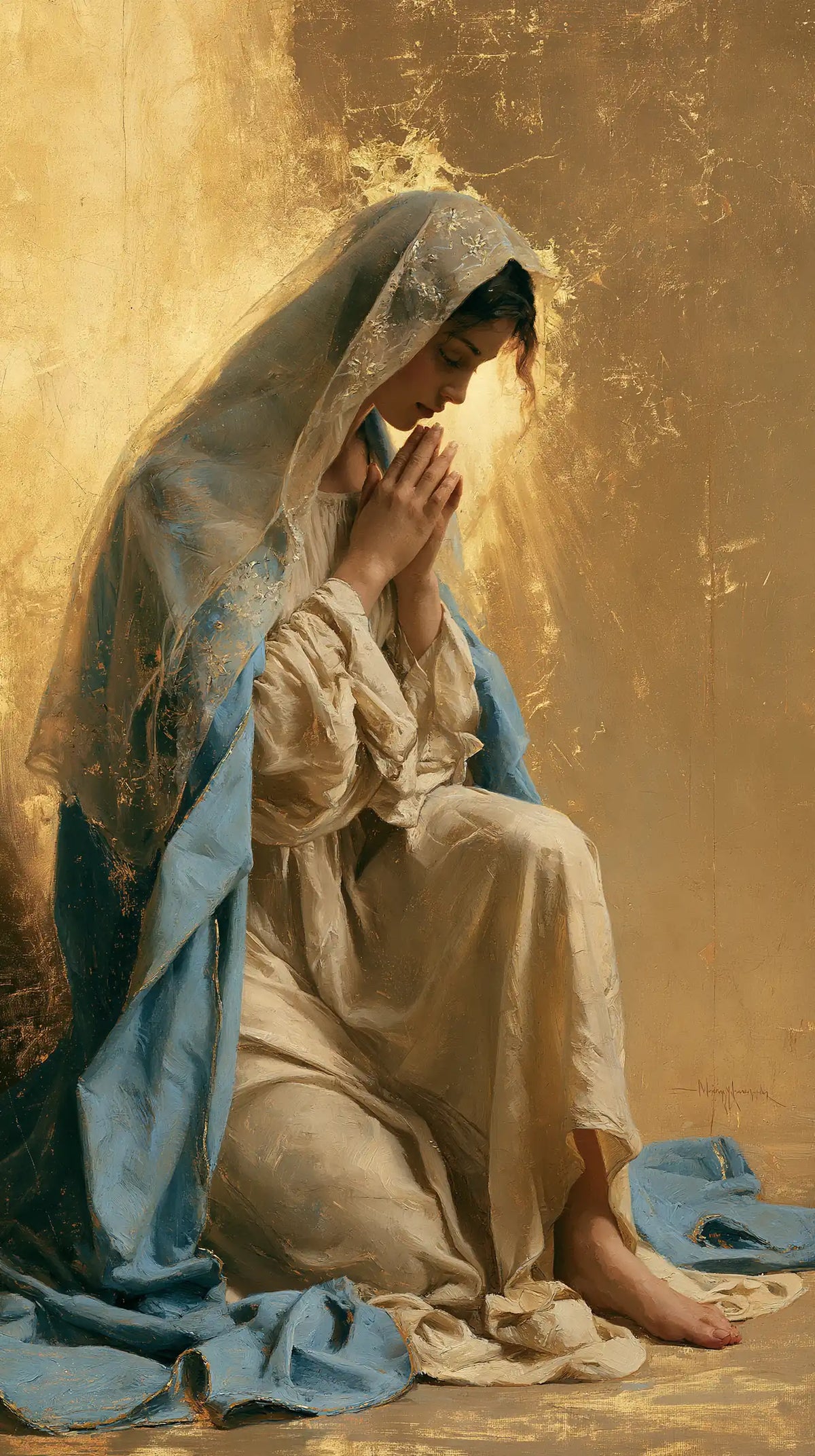 La Vierge en prière — Le Pied nu devant le voile lumineux