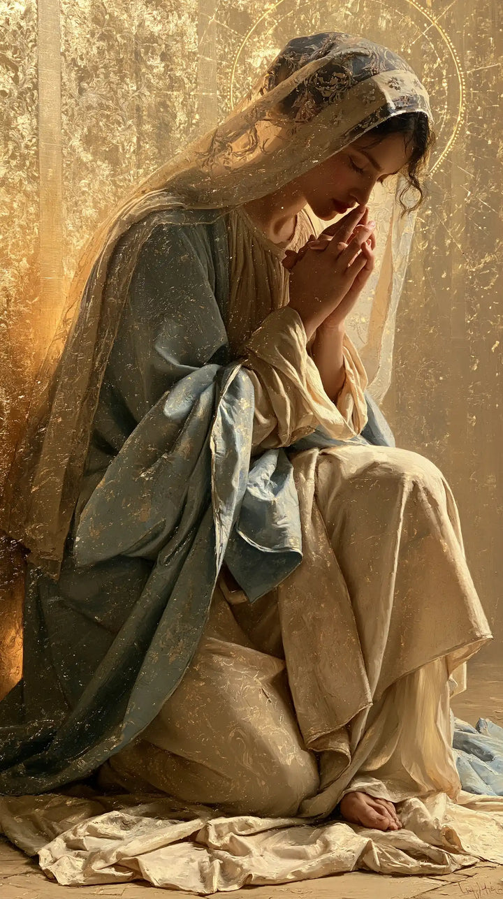 La Vierge en prière — Le Voile d’ambre sur le genou clair