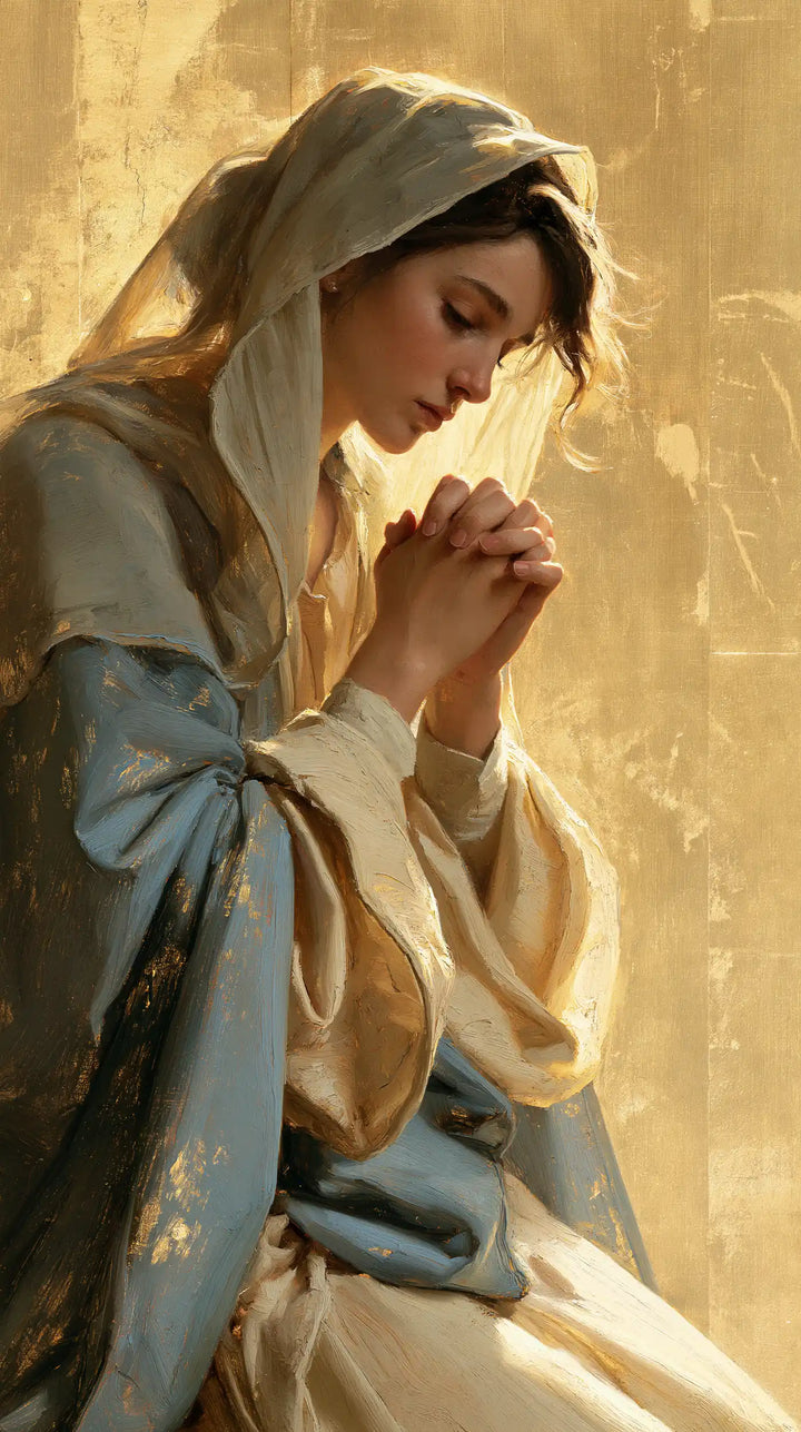 La Vierge en prière — Le Visage incliné dans le voile beige