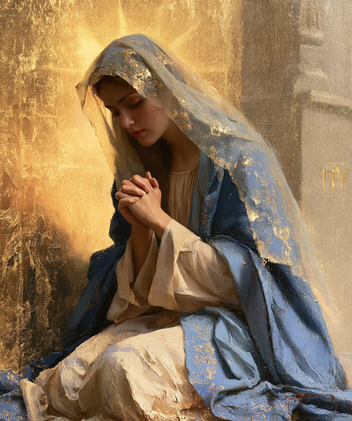 La Vierge en prière — Les Mains dans la lumière du mur