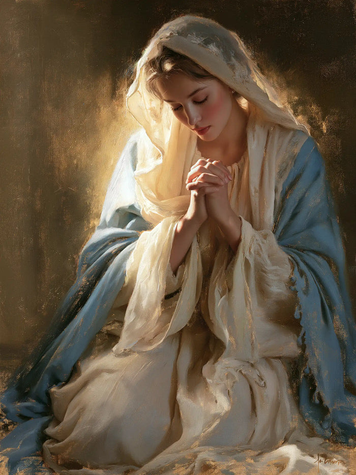 La Vierge en prière — Le Visage incliné dans la douceur du lin