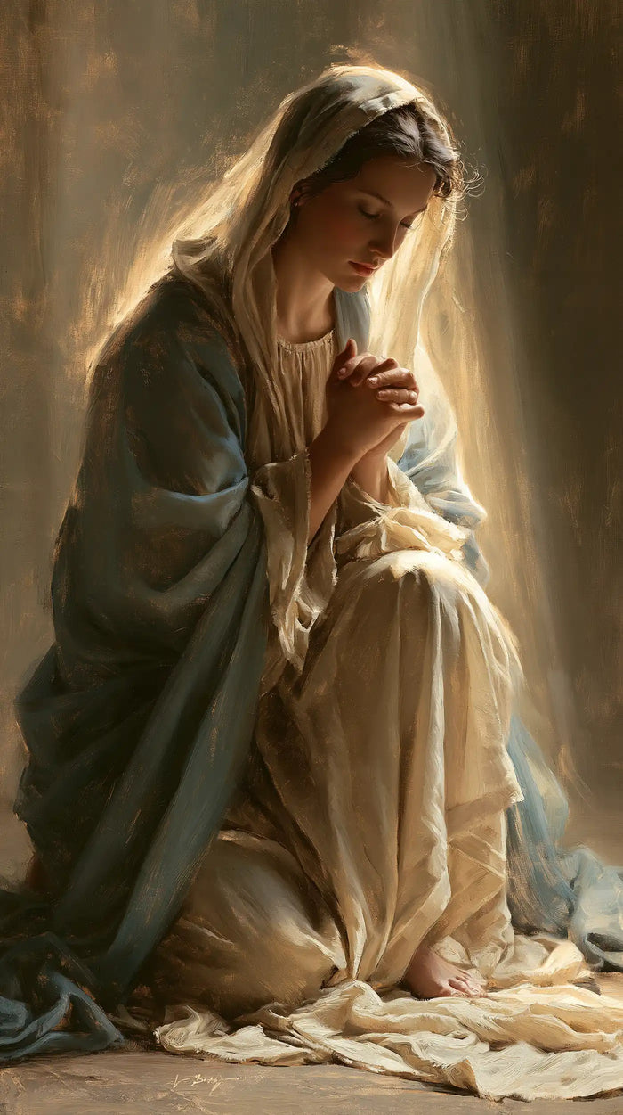 La Vierge en prière — Le Manteau d’ombre et la robe claire