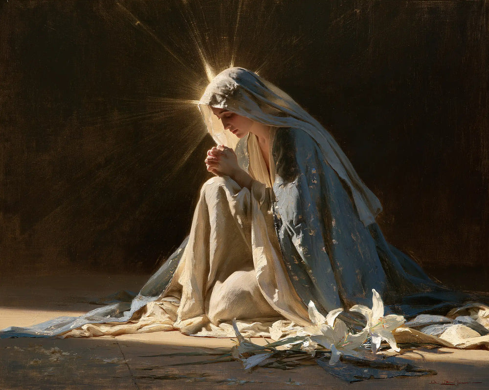 the Virgin Mary in prayer in Symbolist style, landscape Christian artwork no. 20
