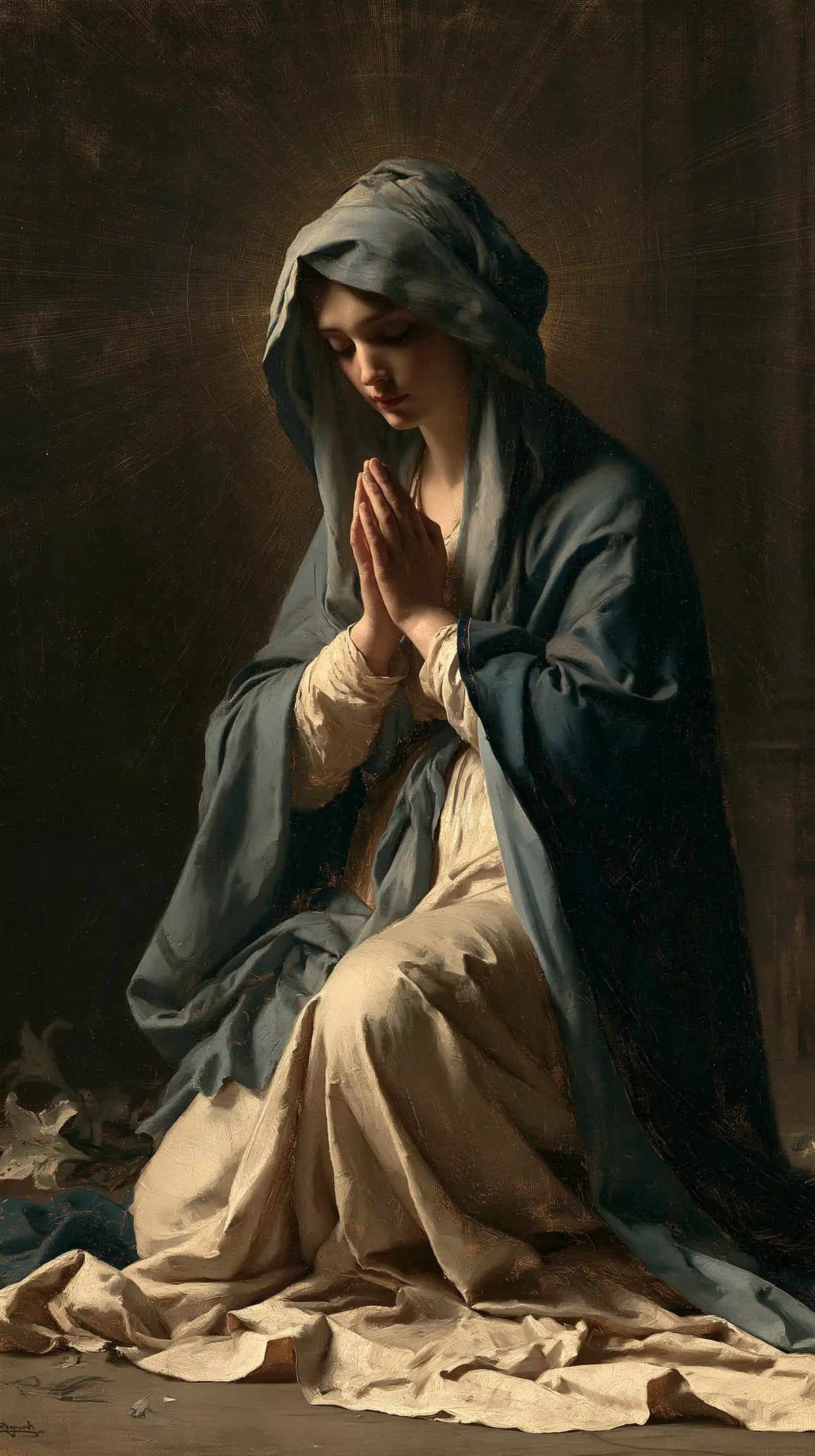 La Vierge en prière — Le Manteau sombre et les paumes claires