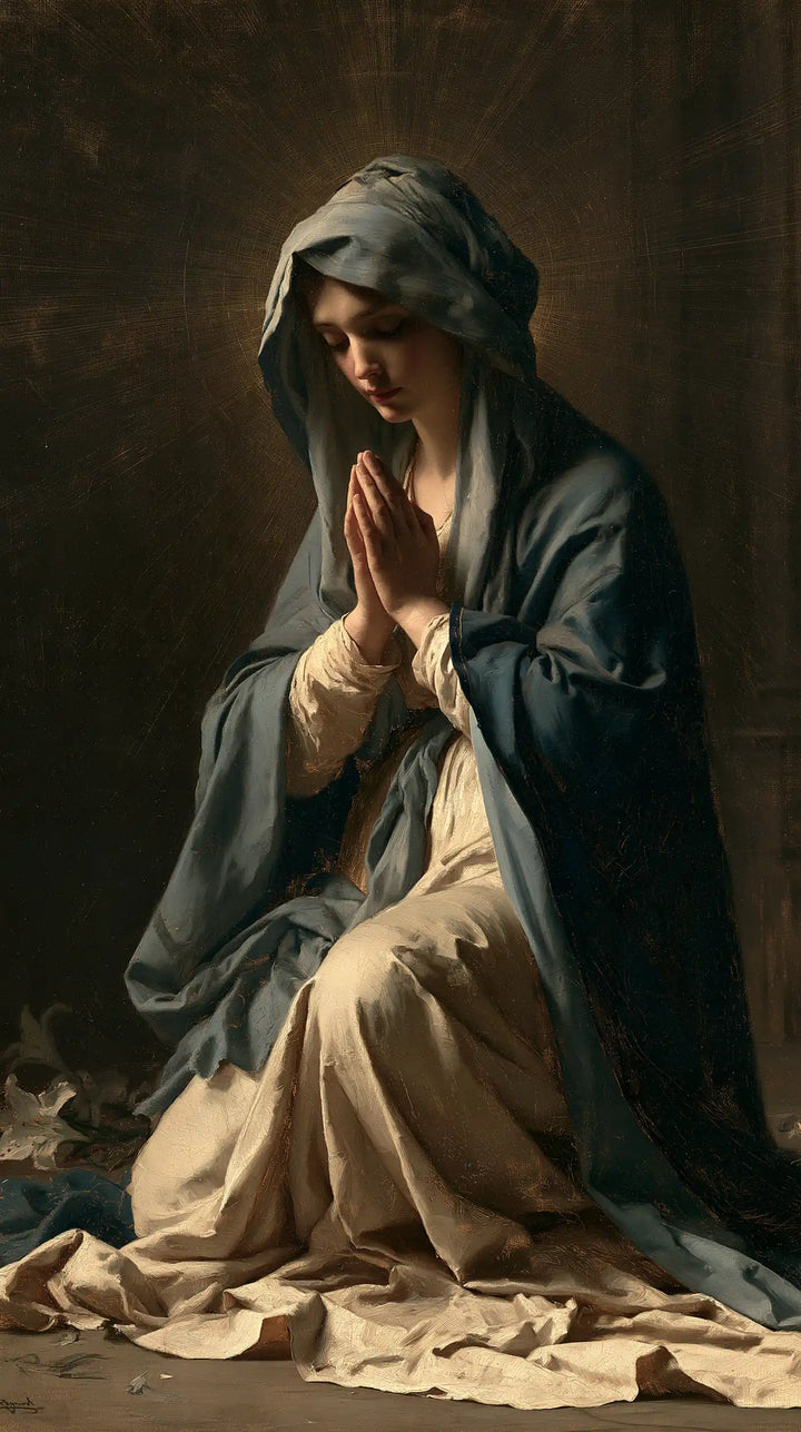 La Vierge en prière — Le Manteau sombre et les paumes claires