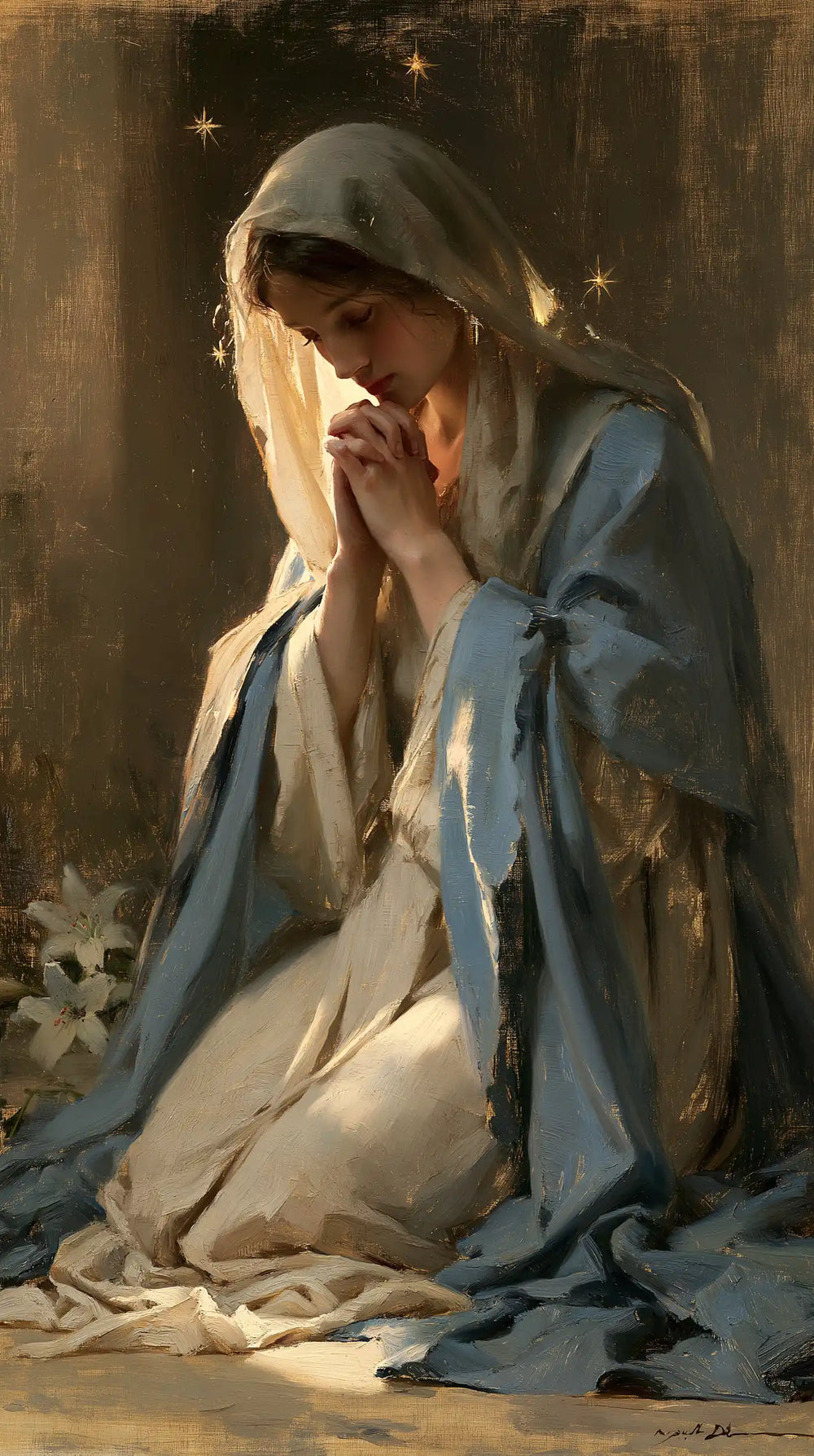 the Virgin Mary in prayer in Symbolist style, portrait Christian artwork no. 15
