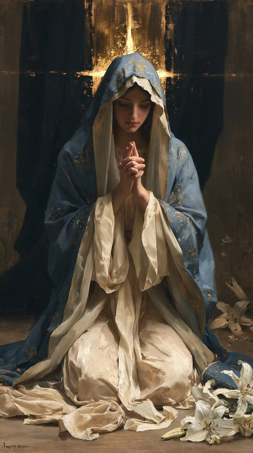 the Virgin Mary in prayer in Symbolist style, portrait Christian artwork no. 27