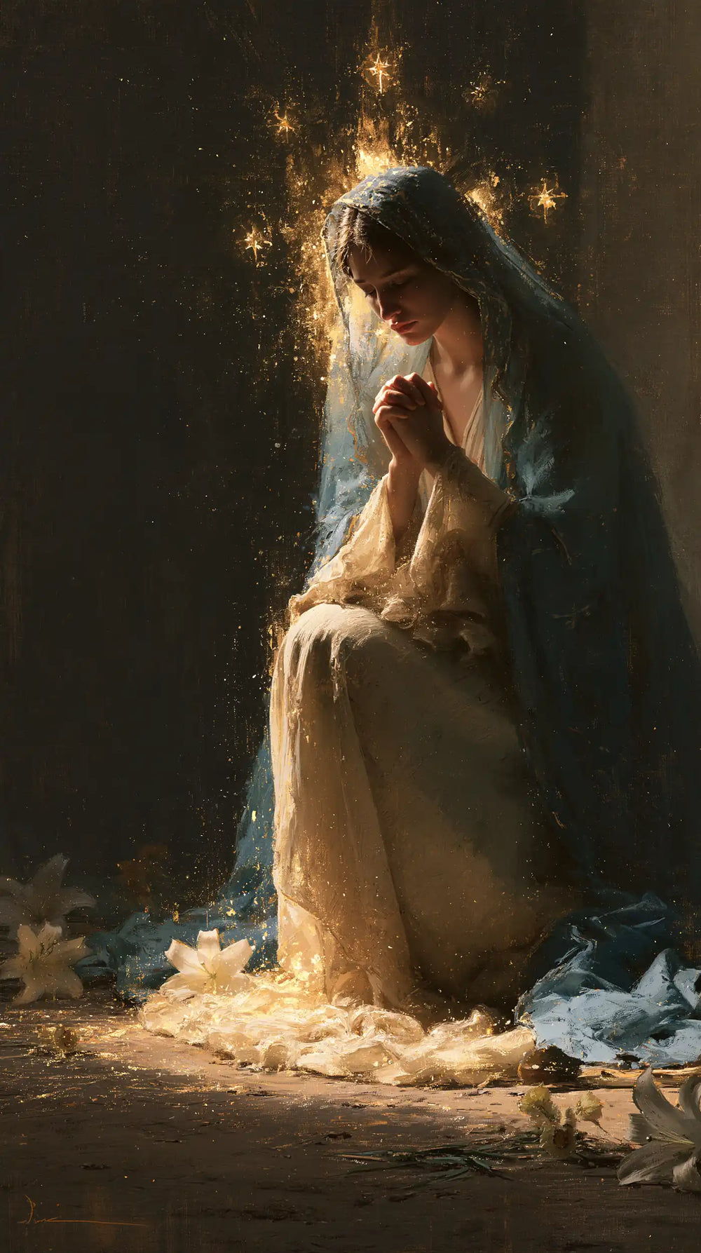 the Virgin Mary in prayer in Symbolist style, portrait Christian artwork no. 32