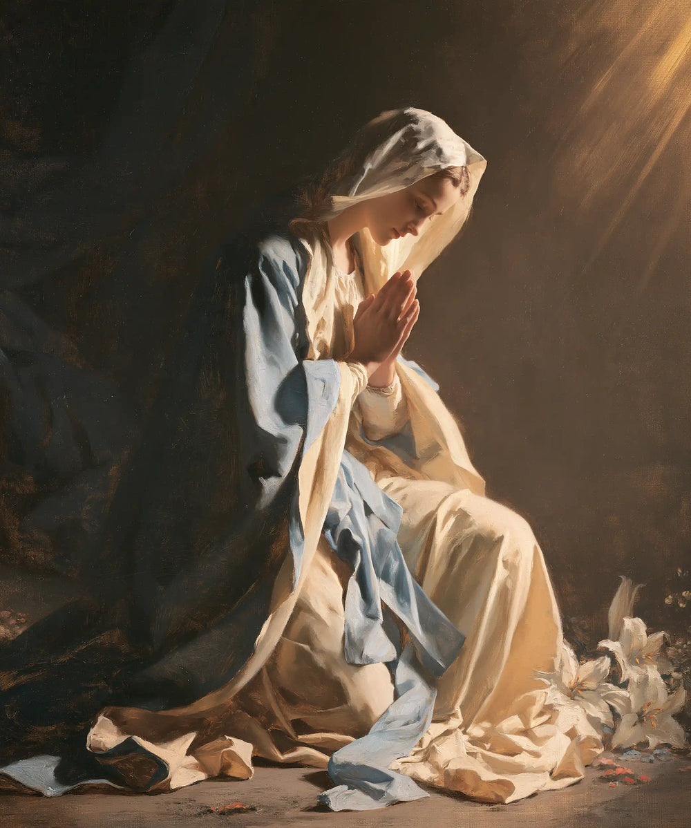 the Virgin Mary in prayer in Symbolist style, portrait Christian artwork no. 41