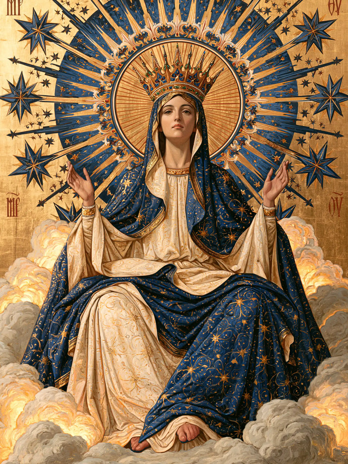 Marie, Reine du Ciel — La Roue d’azur derrière le trône de nuées