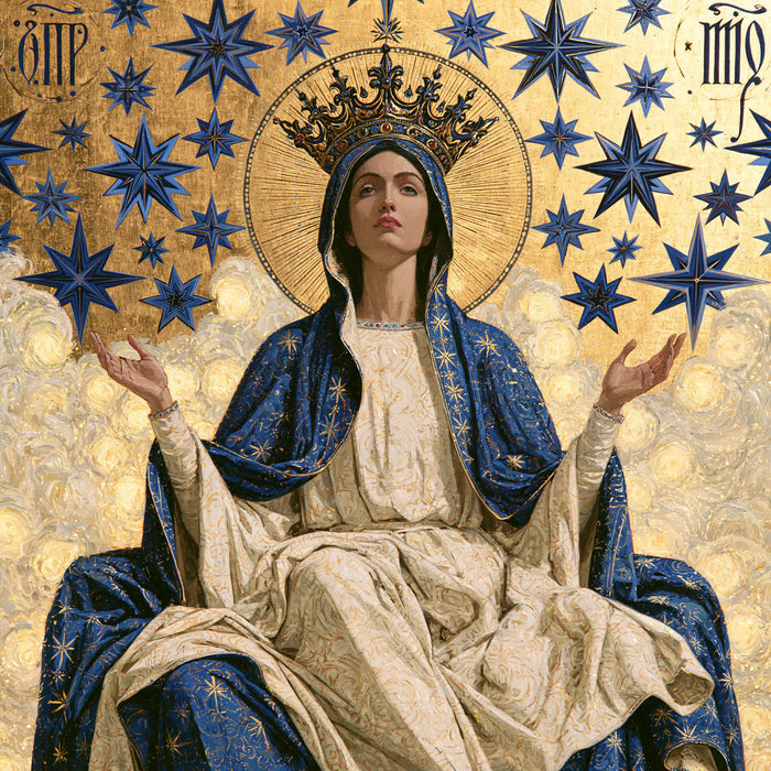 Marie, Reine du Ciel — La Reine aux paumes levées dans l’or mosaïqué