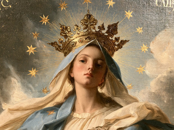 Marie, Reine du Ciel — Le Regard calme sous la couronne de feuilles