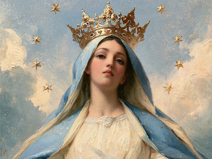 Marie, Reine du Ciel — La Couronne ajourée dans le ciel bleu tendre