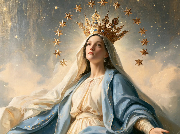 Marie, Reine du Ciel — Le Regard lointain sous la ronde cuivrée