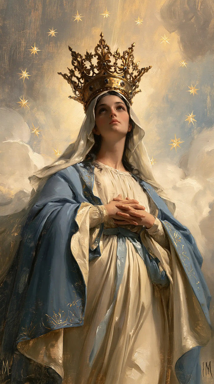 Marie, Reine du Ciel — Les Mains posées sous la dentelle royale