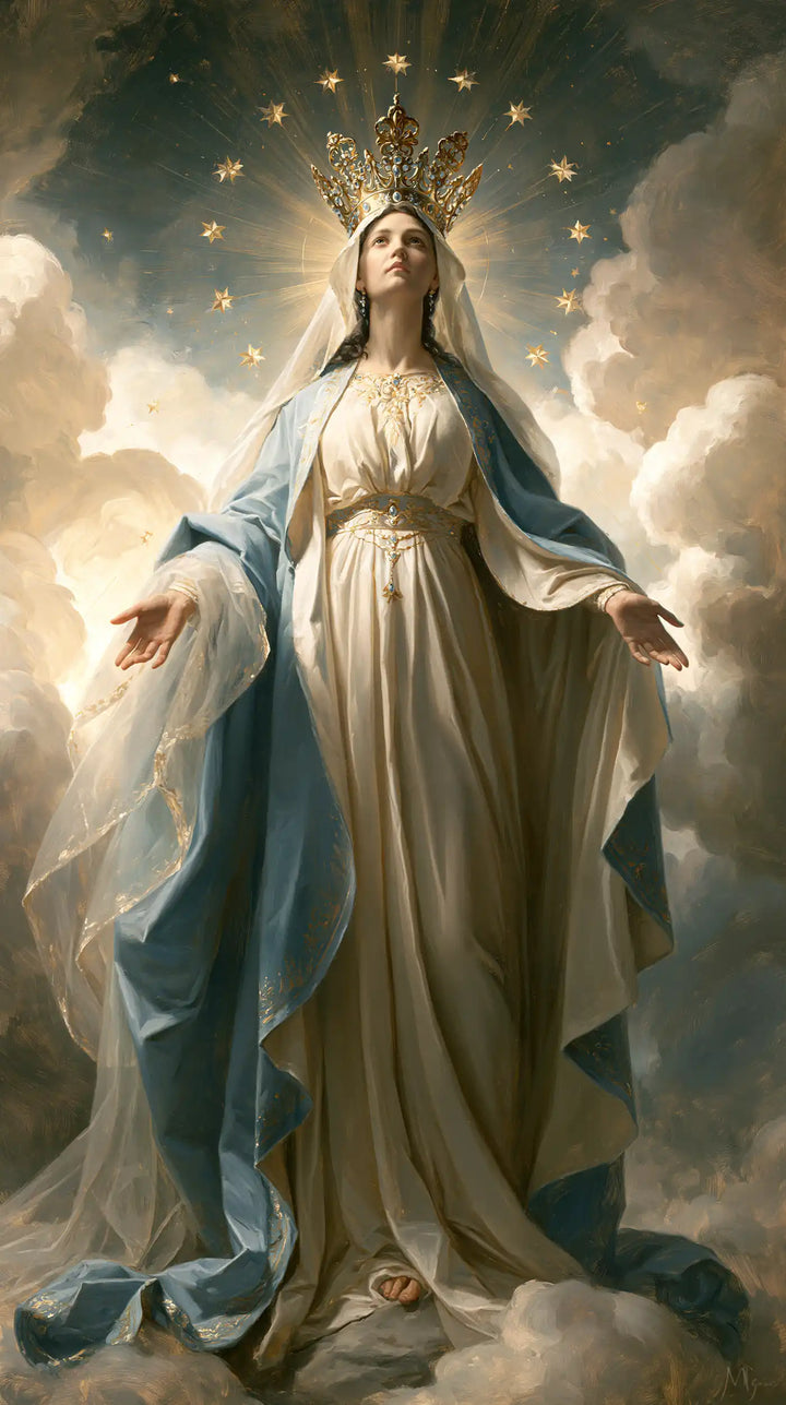 Marie, Reine du Ciel — Les Paumes claires dans le voile de lumière