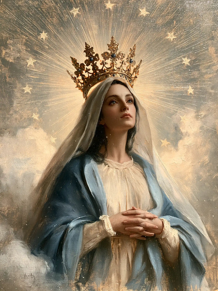 Marie, Reine du Ciel — Les Mains croisées dans la poussière lumineuse