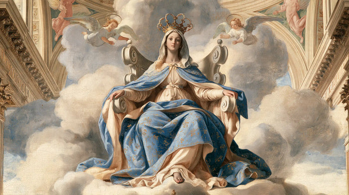 Marie, Reine du Ciel — Le Trône aux volutes dans le ciel peint