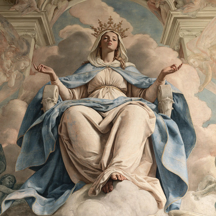 Marie, Reine du Ciel — Les Paumes levées au-dessus des genoux clairs
