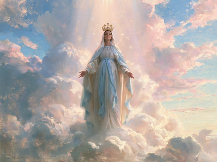 Marie, Reine du Ciel — La Robe claire devant l’horizon de rose