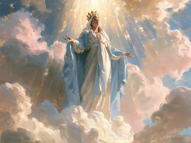 Marie, Reine du Ciel — Les Manches bleues sous la lumière en gerbes