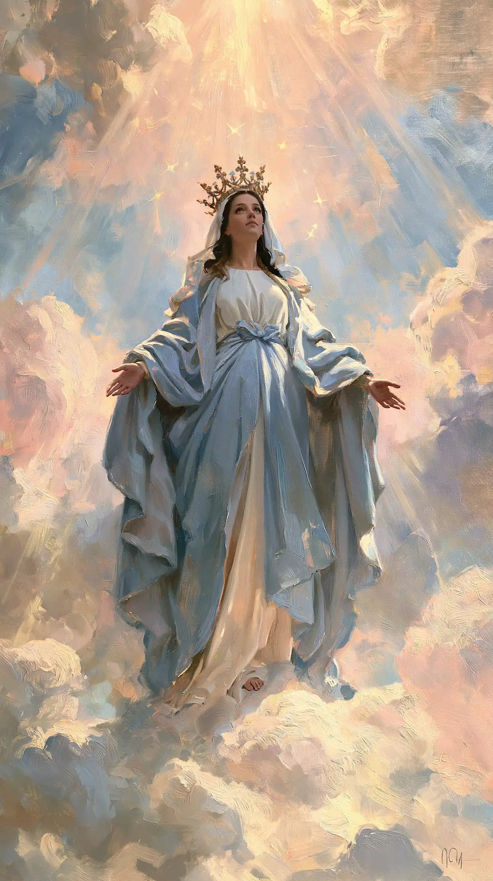Mary as Queen of Heaven in an impressionist atmosphere in Impressionist style, portrait Christian artwork no. 23