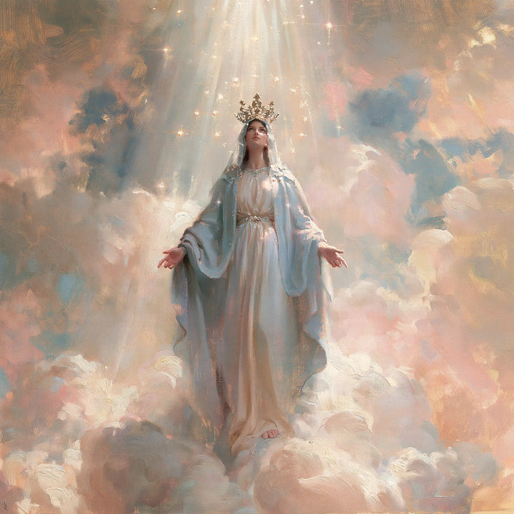 Marie, Reine du Ciel — La Robe de perle dans le ciel abricot