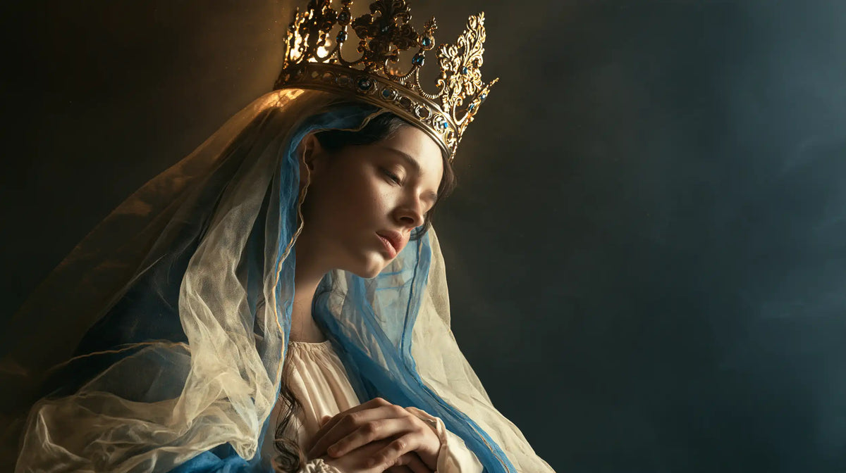 Mary as Queen of Heaven surrounded by divine light in Mary as Divine Light style, landscape Christian artwork no. 7