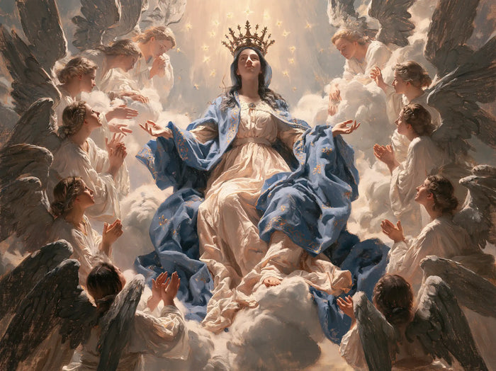 Marie, Reine du Ciel — Les Plis roses au milieu des anges penchés