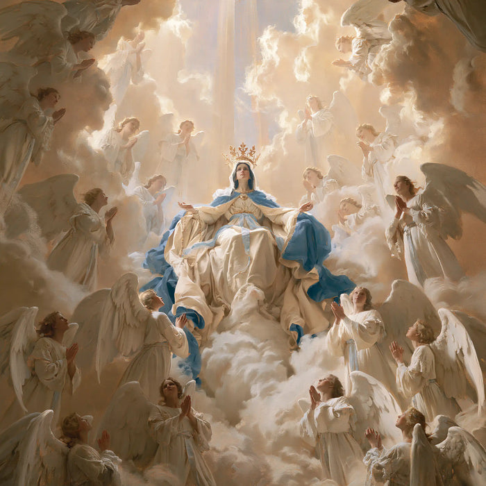 Marie, Reine du Ciel — La Robe claire dans la multitude des ailes