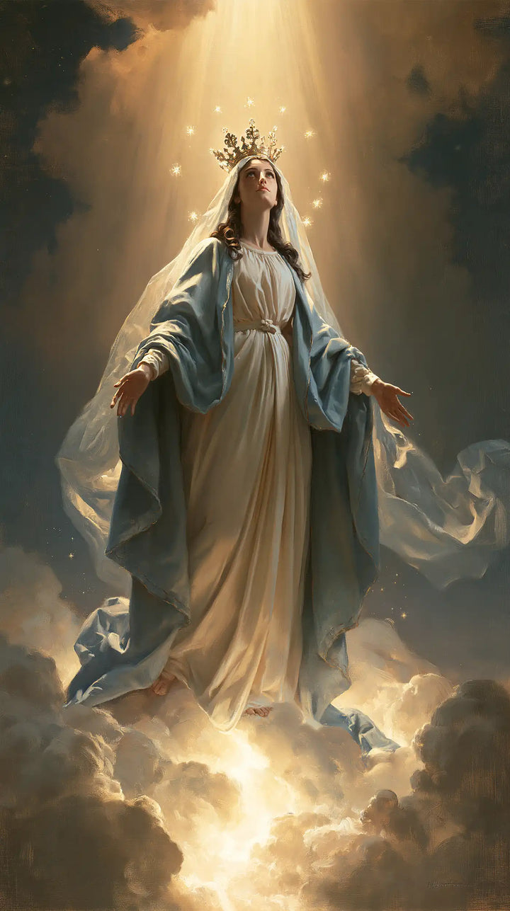 Marie, Reine du Ciel — Le Voile en boucle au-dessus des nuages embrasés