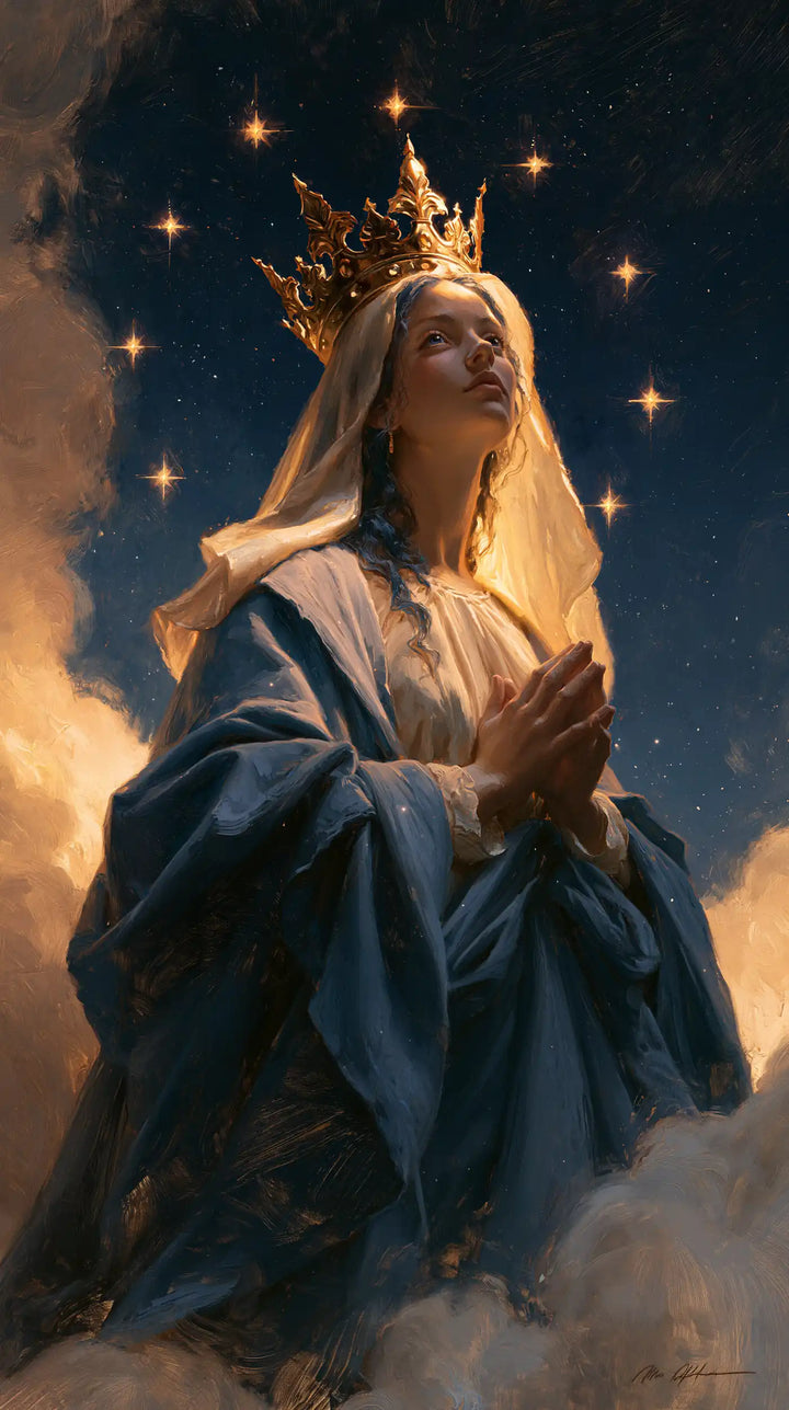 Marie, Reine du Ciel — La Prière de profil dans le halo des astres