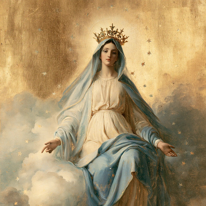 Marie, Reine du Ciel — Le Repos royal dans les nuages gris perle