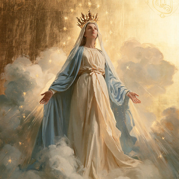 Marie, Reine du Ciel — Les Bras ouverts dans les rayons de nacre