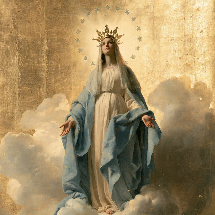 Marie, Reine du Ciel — Les Mains basses sous la ronde argentée