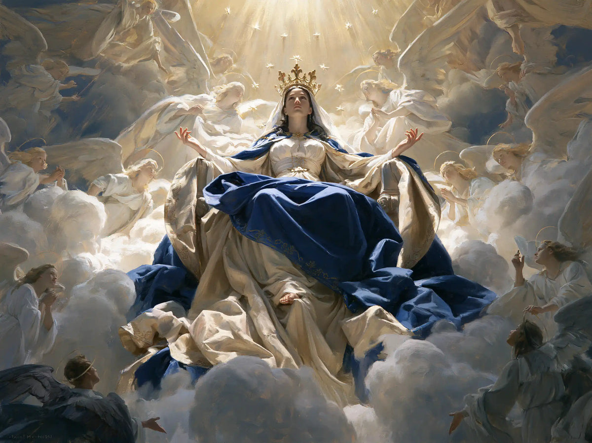 Marie, Reine du Ciel — Le Manteau sombre sur les plis de lumière