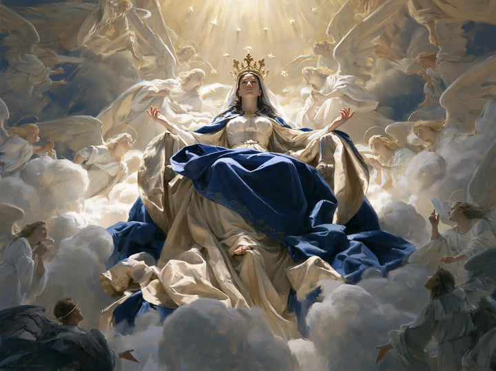 Marie, Reine du Ciel — Le Manteau sombre sur les plis de lumière