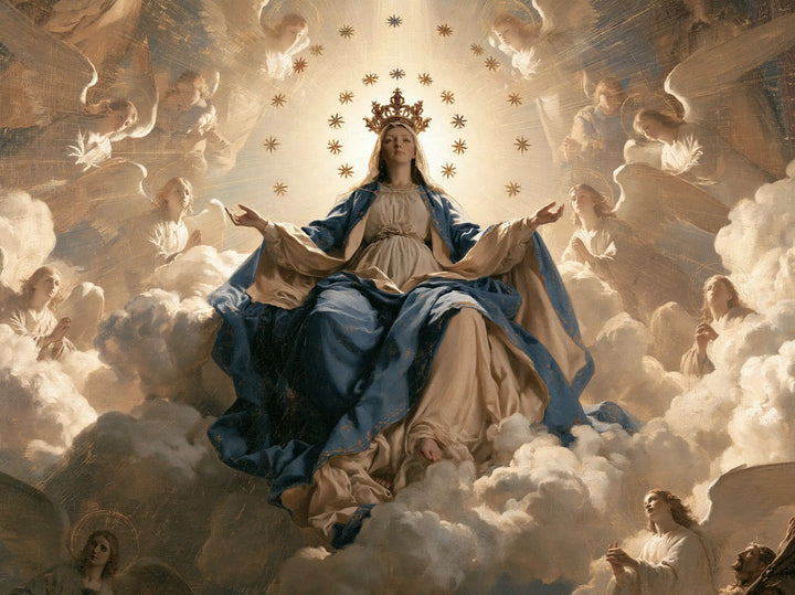 Marie, Reine du Ciel — Les Paumes offertes sous la double ronde d’astres