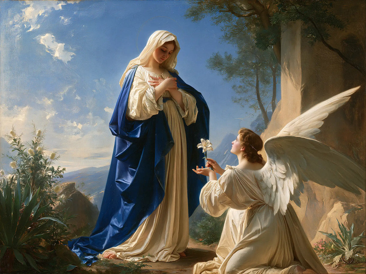 Mary's Reply beside the Sunlit Garden Wall – Bouguereau-Inspired Academic Art · Landscape
