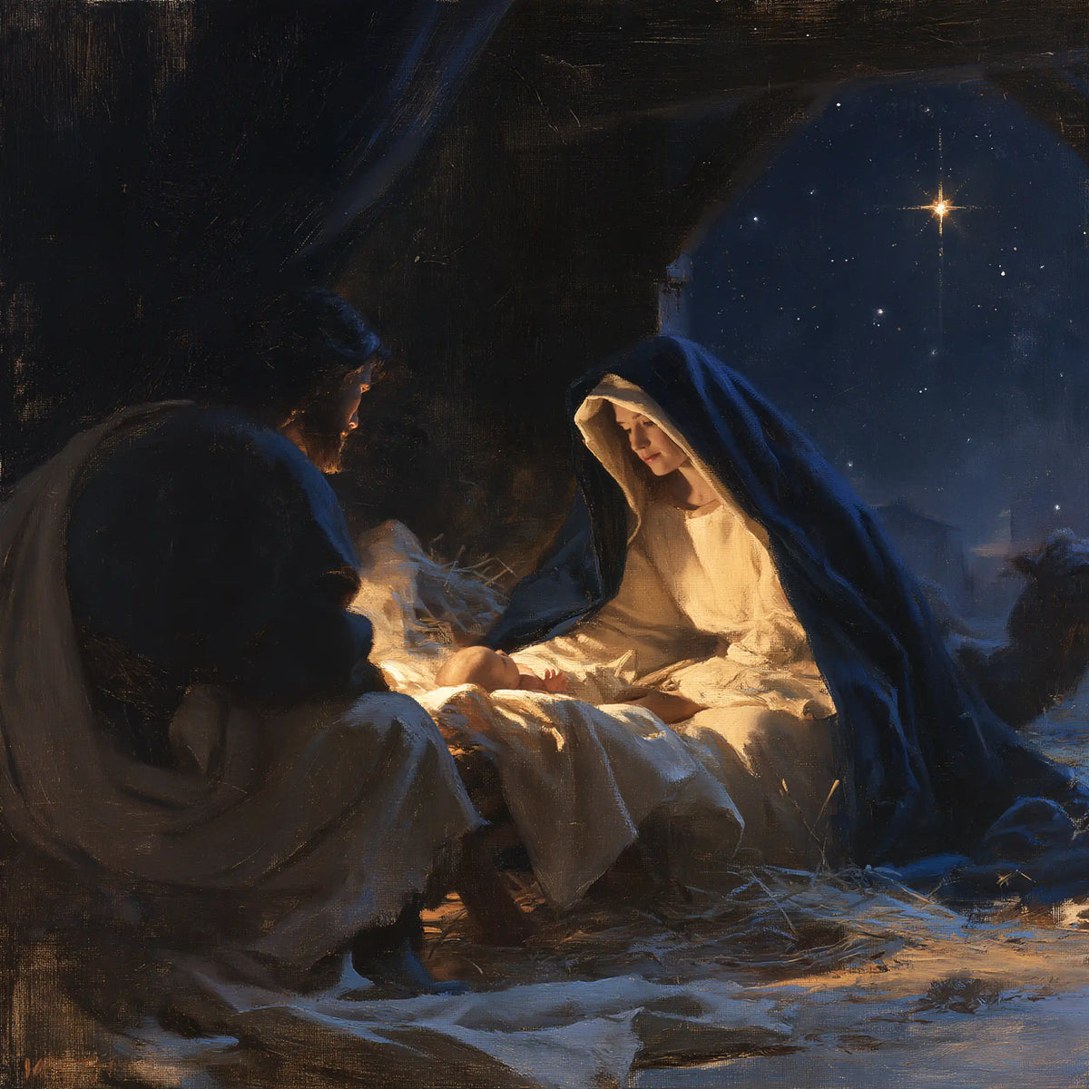 La Nativité — La Clarté entre deux silhouettes bleues