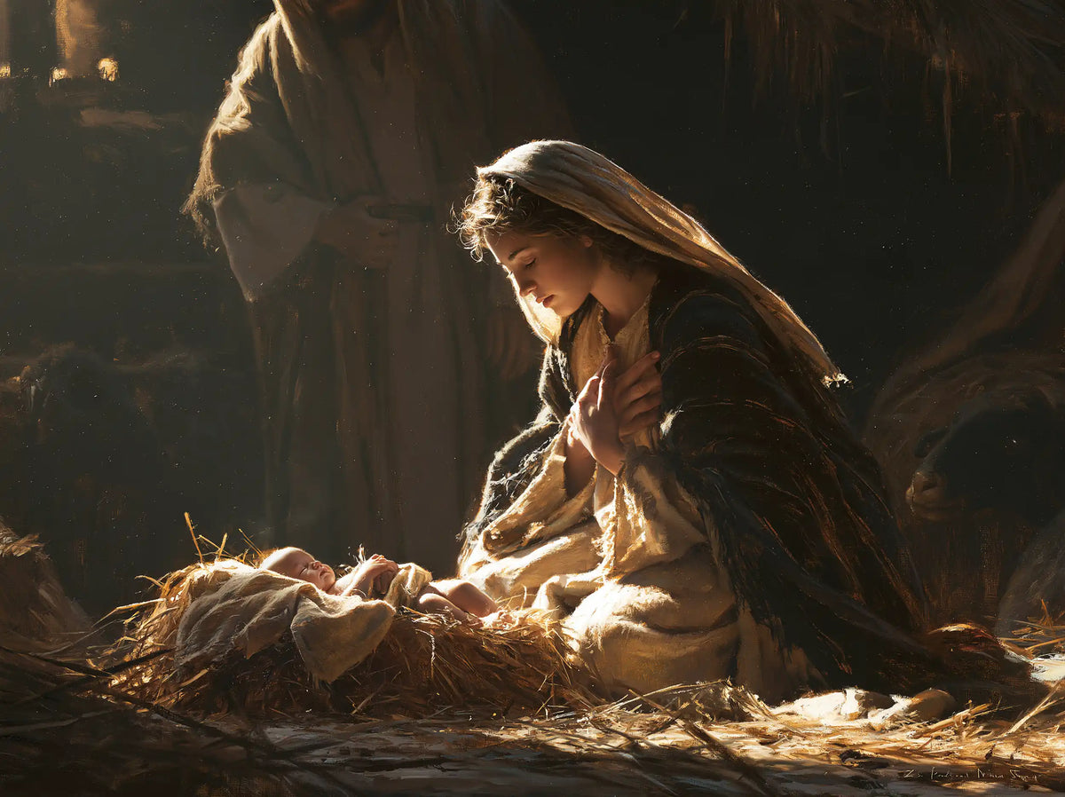 La Nativité — Les Mains sur le cœur dans l’abri de paille