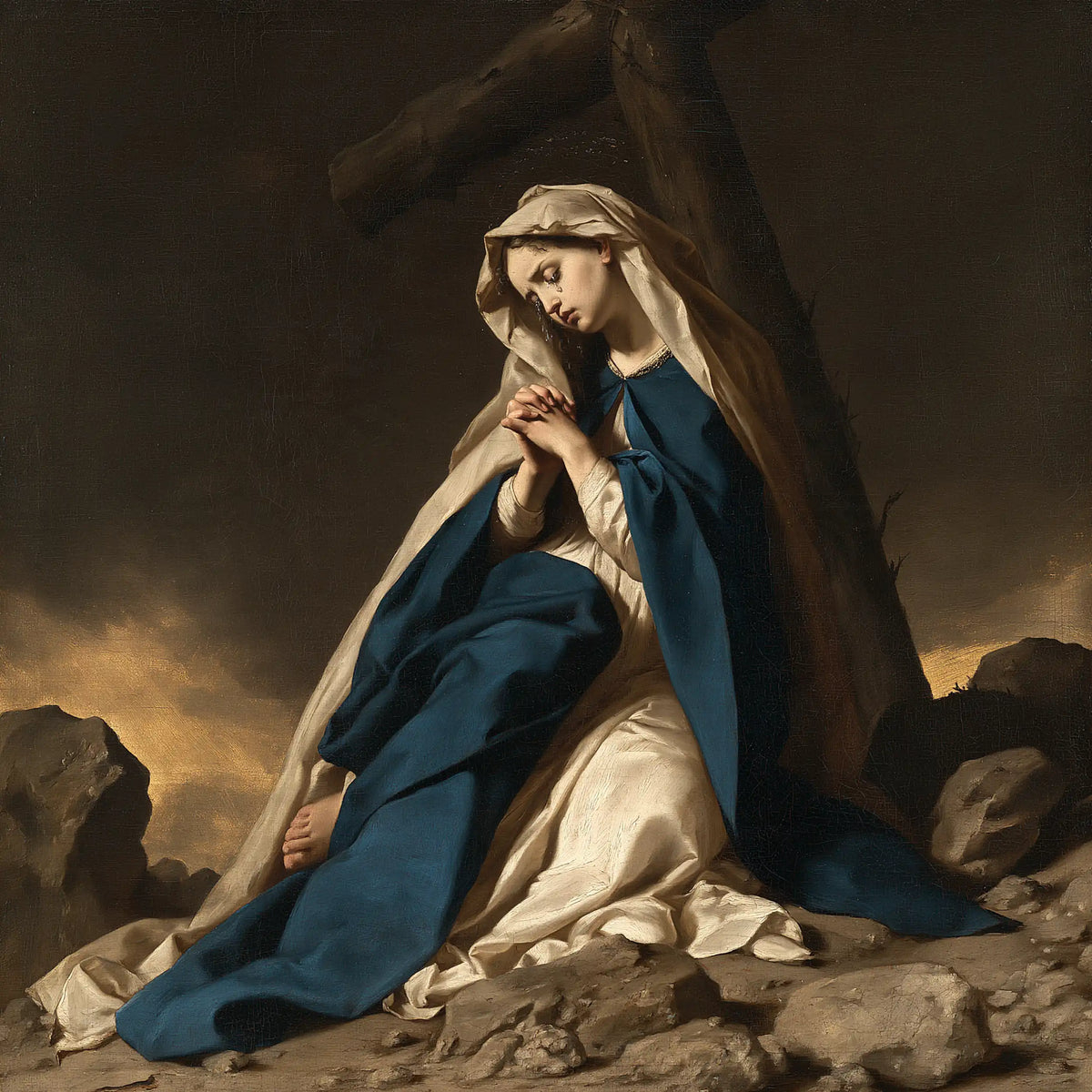 Mary kneeling before the Cross in Mary Kneeling before the Cross style, square Christian artwork no. 4