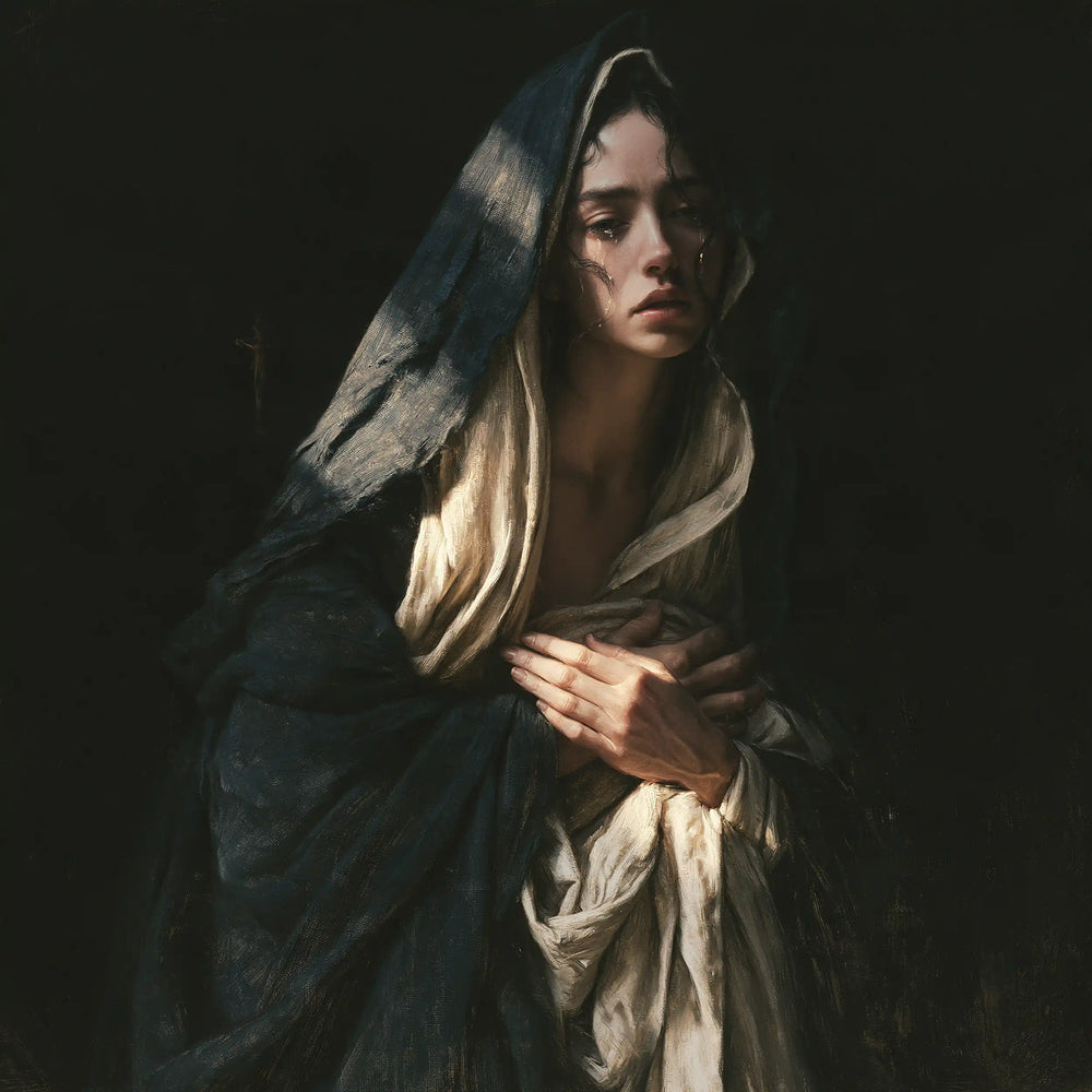 Mary as a light within sorrow in Mary as Light in Sorrow style, square Christian artwork no. 2