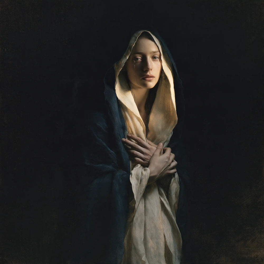 Mary as a light within sorrow in Mary as Light in Sorrow style, square Christian artwork no. 3